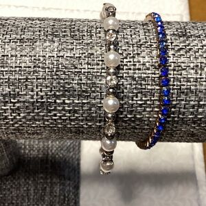 Faux Pearl & Crystal Silvertone Wrap Bangle & Stretch Blue Crystal Bracelet